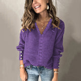 2025 New Lace V-Necked Jacket Sweater Lady Loose Long-Sleeved Solid-Colored