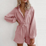 Fashion Casual Single Breasted Button Jumpsuit Women Elegant Solid Elastic Waist Drawstring Short Rompers Lady