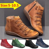 PU Leather Ankle Boots Autumn Winter Cross Strappy Vintage Punk Flat Shoes Boots Comfort Soft Bottom Side Zip Short