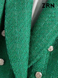 Women Fashion Double Breasted Tweed Green Blazer Coat Vintage Long Sleeve Flap Pockets Female Outerwear Chic Veste-Outfit