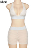 Kliou Mesh Patchwork Two Piece Set Women Sexy Solid Deep V-Neck Crop Tops+ See Through High Waist Skinny Female Matching