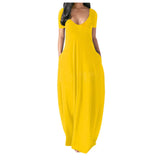 Maxi Dress 2021 Summer Fashion Solid V-Neck Short Sleeve Long Dresses Vestidos Female Casual Pockets Robe Dress Plus