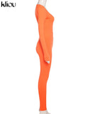 Kliou Solid Concise Two Piece Set Women Skinny Bodycon-shaping Crew Neck Bodysuit+High Waist Slim Sporty Leggings