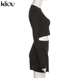 Kliou Knitted Stitching Mini Dress Women Hipster Skinny Three-Dimensional Decoration Bodycon Long Sleeve Turtleneck