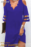 Women Short Sleeve Mini Dress Summer Contrast Mesh Scallop Trim Cold Shoulder Casual Dress Spring Casual Fashion-Outfit