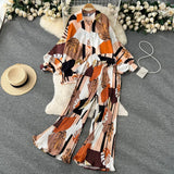 Style Two-Piece Suit Women's Autumn French Retro Print Loose Long-Sleeved Skirt High-Waist Straight Casual Trousers-Outfit