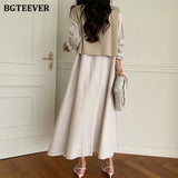Autumn Casual Striped Fake 2 Pieces Women Dress Turn-down Collar Single-breasted Lace-up Female Loose A-line Dress-Outfit
