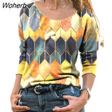 Autumn Winter New O-neck Long Sleeve T-shirt Geometric Pattern Fashion Tops Casual Loose T-shirt Women's Clothing 17964-Outfit