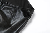 Kliou Simple Faux PU Leather Two Piece Set Women Concise Skinny Sleeveless Vest+ Sexy Unique Cut Out Skirt Streetwear