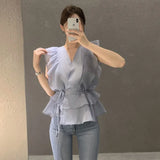 Fashion Ruffled Chiffon Shirt Women Tops New Vintage Elegant Lace-up Slim Clothing V-neck Sleeveless Blouse Chic