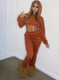 Winter Brown Sports Drawstring Cropped Hoody Two Piece
