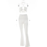 Knitted Two Piece Set Women Summer Outfits Halter Crop Top+ Straight Pant Matching Sets Femme Sexy Streetwear