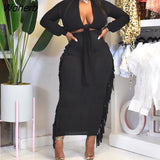 Women Two Piece Casual Dress Suits Long Sleeve Tie Front Crop Top & Tassels Bodycon Maxi Skirt Set-Outfit