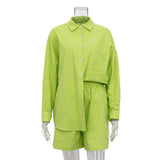Woherb New Solid Color Single Breasted Long Sleeve Lapel Shirt Shorts Loose Fashion Casual Suit-Outfit