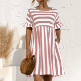 Summer Dress Fashion Striped Print Ruffles Sleeves Loose Dresses Elegant O Neck Plus Size Party Female Mini Dress