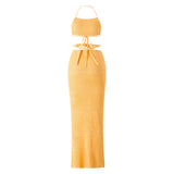 Women Knitted 2 Pieces Summer Clothing Set Sexy Tie-up Halter Crop Tops and Cross Wrapped Long Skirts Beach Clubwear-Outfit