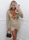 Romantic V-neck Full Sleeves Solid Pleated Mini Club