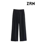 Women Fashion Side Pockets Front Darts Straight Pants Vintage High Waist Zipper Fly Female Trousers Mujer-Outfit