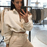 Autumn Zipper V-Neck Long-Sleeved Women's Coat Lamb Woolen