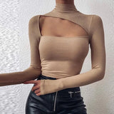 Off Shoulder Cut Off Patchwork Spring Shirts 2020 Women Hollow Out O Neck Elegant Blouse Autumn Long Sleeve Rib Tops