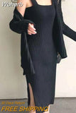 Women Knitted Cardigan And Dress Suits Mid-Calf Length Long Sleeve Strap Dress 2 Piece Female Knitted Sweater Set QT128-Outfit