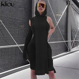 Kliou Knitted Dress Women Sexy See Through X-Long Hoody Tops+One Shoulder Drawstring Ruched Robe Skirt Hipster Future