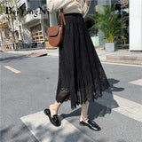 2019 Fashion Midi Women's Skirt Hollow Out Lace Korean Casual A Line Skirt Simple Long Elegant Street OL Faldas