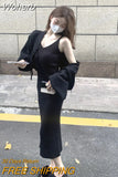 2 Piece Dress Set Woman Slim Bodycon Strap Midi Dress Party Elegant + Casual Long Sleeve Short Tops Korean Suit Solid-Outfit