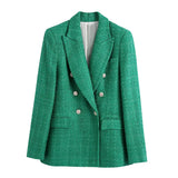 Women Fashion Double Breasted Tweed Green Blazer Coat Vintage Long Sleeve Flap Pockets Female Outerwear Chic Veste-Outfit