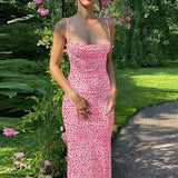 Flower Print Slip Sleeveless Backless Slim Sexy Maxi Dress 2022 Spring Women Elegant Streetwear Party Clothing