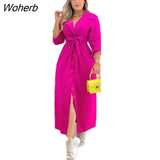 Shirt Dress Women Fashion Commuter Solid Long-sleeved Lace-up Button Shirt Maxi Dress for Women-Outfit