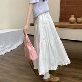 Korean Fashion White Long Skirt Women 2024 Summer High Waist Cake Skirts Woman Sweet Simple Loose A Line Skirts Laides-Outfit
