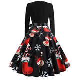Sells Popular Christmas Fashion Retro Round-Collar Printed Long-Sleeved Hem Dresses In Stock-Outfit