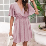 hirigin Women Vintage Ruffles Sleeve Dresses Summer Polka Dot Printed V-Neck Sexy Mini Dress Ladies Casual Beach Party