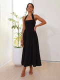 Women's Clothing 2025 New Temperament Pure Color Side To Receive Waist Hanging Neck-Laught