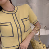 Sleeveless Cardigan Women Patchwork Yellow Elegant Office Lady Slender Crop Top Daily All-match Sweaters Trendy 2021