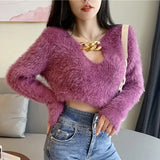 Sexy V Neck Women Cropped Sweater Korean Long Sleeve Knit Pullover Autumn Chic Temperament White Black Loose Short Top