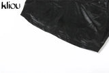 Kliou Simple Faux PU Leather Two Piece Set Women Concise Skinny Sleeveless Vest+ Sexy Unique Cut Out Skirt Streetwear