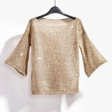 Shiny Lurex Sequin Sweater Women Long Sleeve Pullover Round Neck Golden Basic Shirt Sequin Knit Tops Jumper QH2174-Outfit