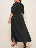 Plus Size V-neck Short Sleeve Slit Maxi Dress with