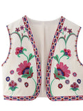 Floral Embroidered Women's Short Waistcoat Chic V Neck Sleeveless Cropped Cardigan 2024 Summer Female Party Fashion Tops-Outfit