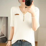 Woherb 2024 New Short Knit Women's Fashion Slim Short-Sleeve T-Shirt Thin Medium Sleeve Top-Outfit