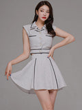 2 Pieces Outfits Women Clothing Temperament Retro Crop Tops Shirt Blouse High Waist Mini Skirt Lady Mujer Slim Short Sets-Outfit