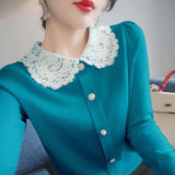 Winter Lace Patchwork Doll Collar Sweet Knitting Cardigan Lady Elegant Fashion All-match Buttons Sweater Top Women Coat-Outfit