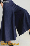 Women High Waist Over Length Jeans Pants Loose Trousers Pockets Elastic Waist Female Wide Leg Denim Pants QT208-Outfit
