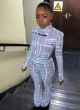 Sexy Newspaper Printed Round Neck Long Sleeve Tight Bodysuit and Flare Pants Set 2 Piece