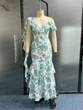 Floral Printed Ruffles A-line Skims Dress For Women Sexy V-neck Spaghetti Strap Robe 2023 Summer Casual Beach Sundress-Outfit