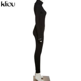 Kliou solid turtleneck full sleeve jumpsuits classic one piece women fitness slim rompers zipper long overall skinny