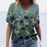 3D Floral Print T-shirts Women Fashion Short Sleeve Loose Tops Casual V-neck High Street Tee Plus Size Top