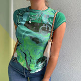 Tie Dye Print Y2K T-shirts 90s Vintage Aesthetic E-girl O-neck Short Sleeve Summer Sweats Tee Tops Women Basic